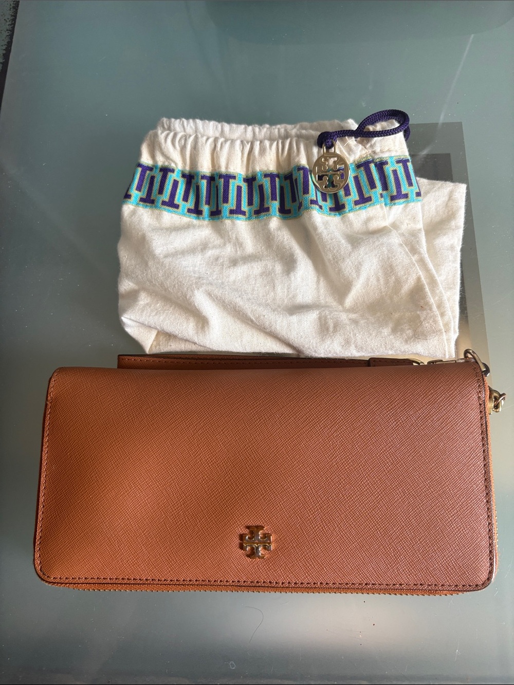 Tory Burch Tan Saffiano Leather Continental Wallet with Gold Logo